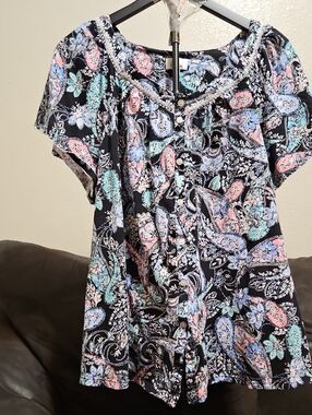 Aria Black Paisley Button-Front Blouse with Pink & Mint Accents